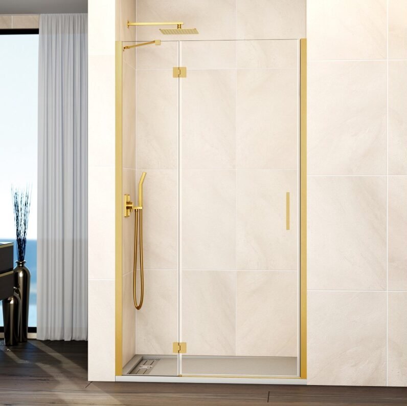 0A-e1764761324140.jpg Mampara ducha Fijo + puerta abatible GLASS con cierre a perfil imán oro - Imagen 1