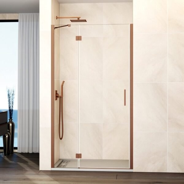 Mampara ducha Fijo + puerta abatible GLASS con cierre a perfil imán cobre