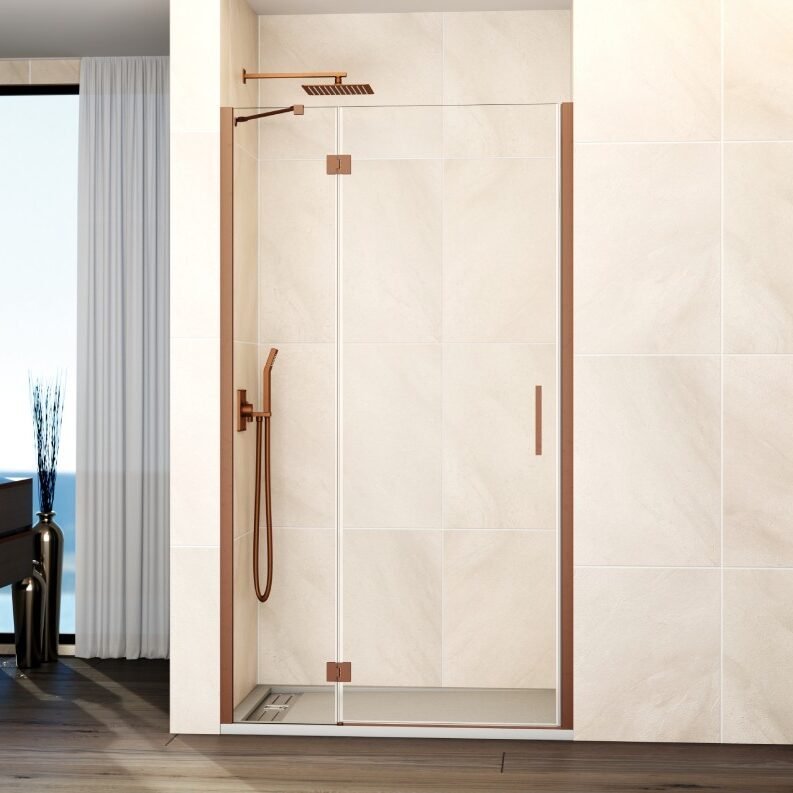 0M-e1764760958857.jpg Mampara ducha Fijo + puerta abatible GLASS con cierre a perfil imán cobre - Imagen 1