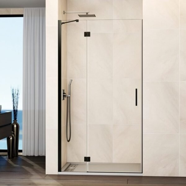 Mampara ducha Fijo + puerta abatible GLASS con cierre imán a pared titanio