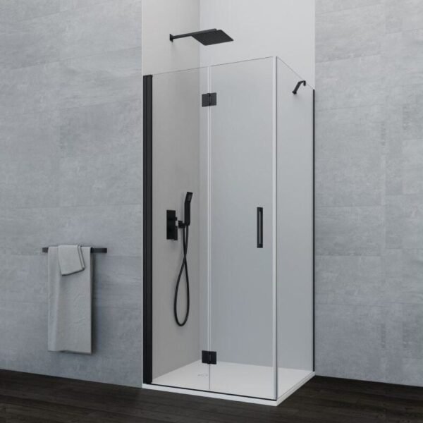 Mampara plegable al interior del plato + lateral fijo GLASS negra