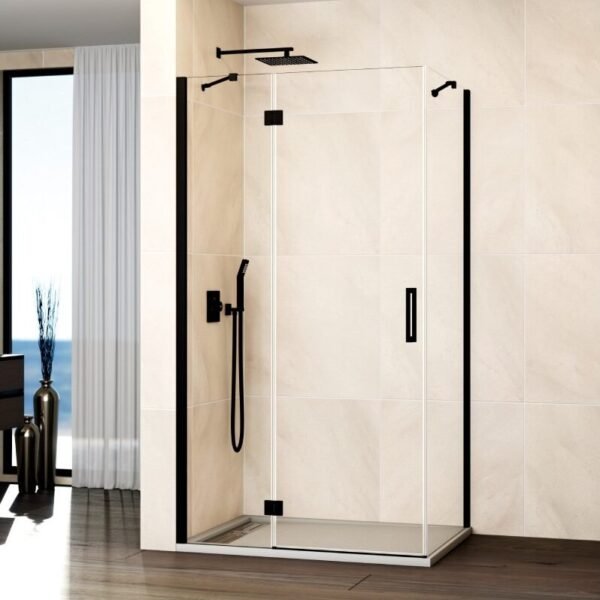 Mampara ducha Fijo + abatible con lateral fijo GLASS cierre imán a pared negro