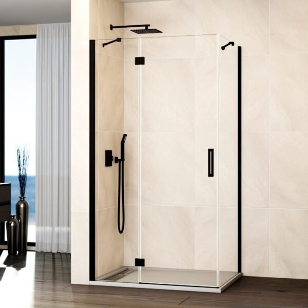 Mampara ducha Fijo + abatible con lateral fijo GLASS cierre imán a pared negro