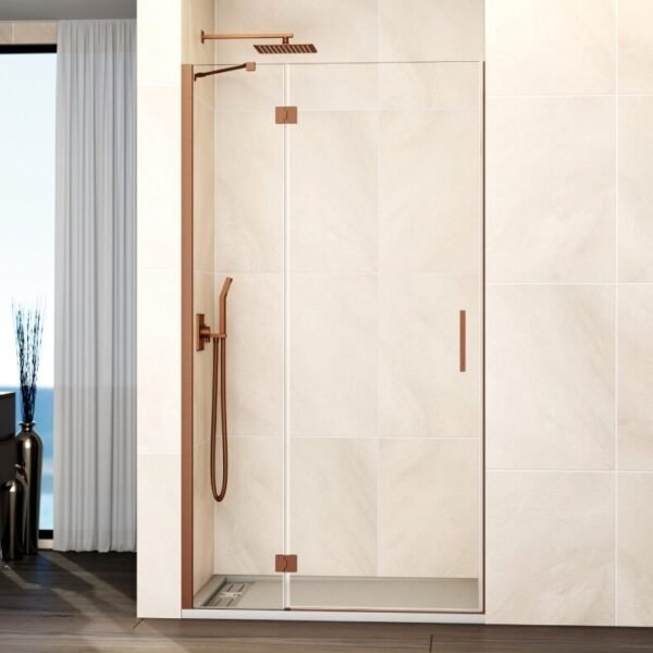 Mampara ducha Fijo + puerta abatible GLASS con cierre imán a pared cobre