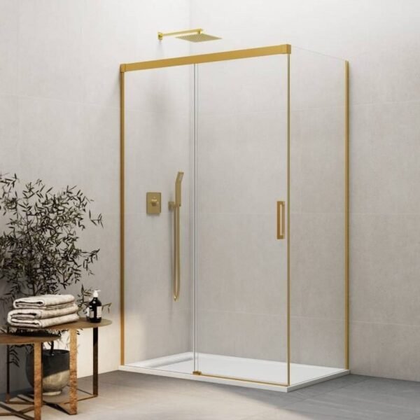 Mampara ducha angular fijo + corredera + lateral fijo BASIC ORO