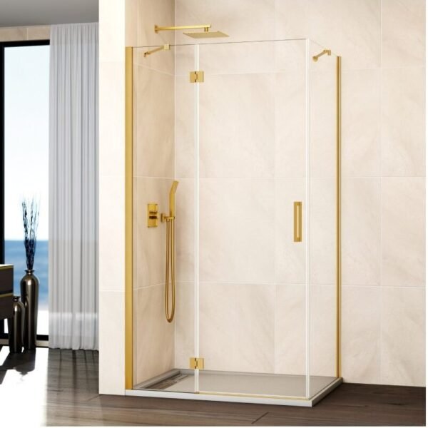 Mampara ducha Fijo + abatible con lateral fijo GLASS cierre imán a pared oro