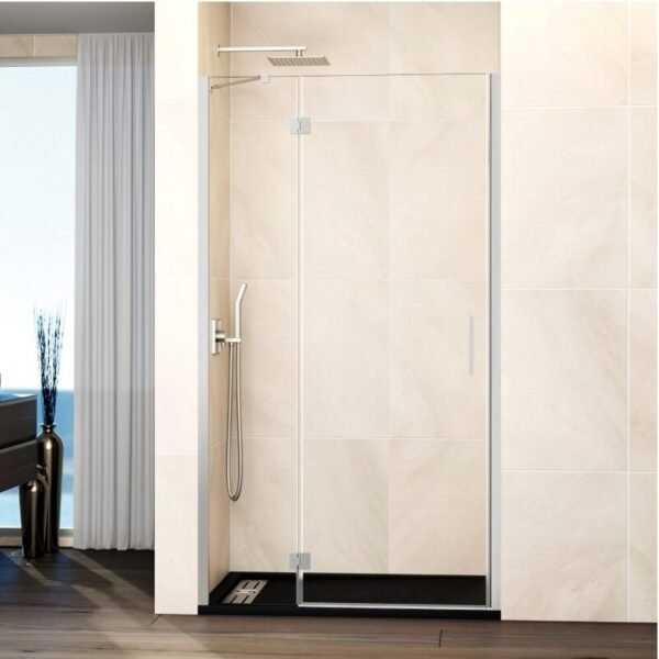 Mampara ducha Fijo + puerta abatible GLASS con cierre a perfil imán níquel
