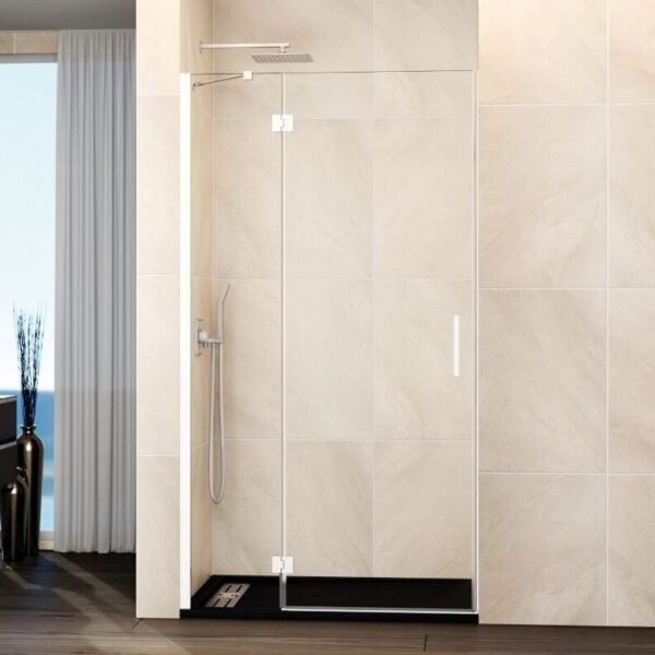 Mampara ducha Fijo + puerta abatible GLASS con cierre imán a pared blanco
