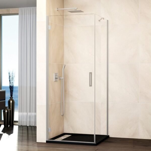 Mampara ducha abatible GLASS bisagra a perfil + lateral fijo níquel