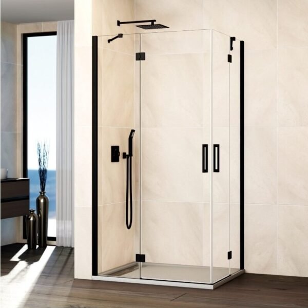 Mampara ducha angular fijo + 2 puertas abatibles + fijo GLASS Combi H negro
