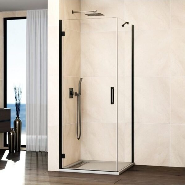 Mampara ducha abatible GLASS bisagra a perfil + lateral fijo titanio