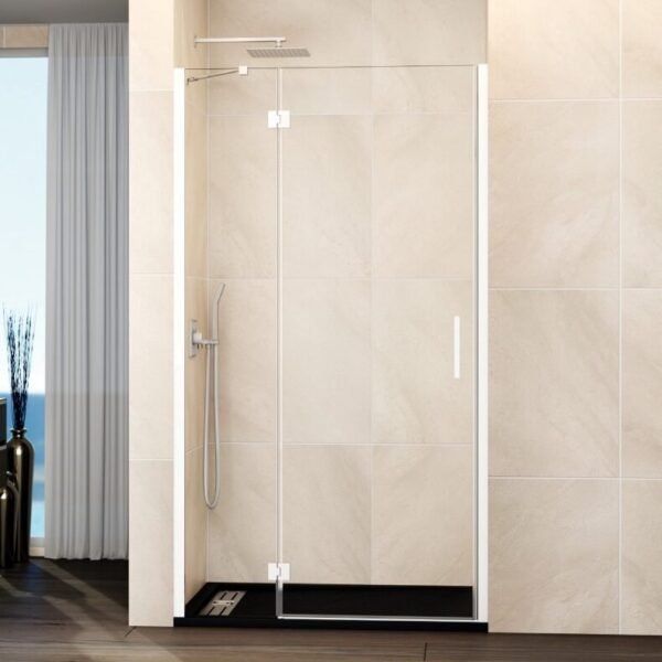 Mampara ducha Fijo + puerta abatible GLASS con cierre a perfil imán blanco