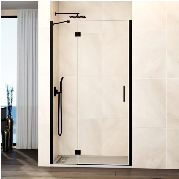 Mampara ducha Fijo + puerta abatible GLASS con cierre a perfil imán negro