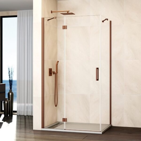 Mampara ducha Fijo + abatible con lateral fijo GLASS cierre imán a pared cobre