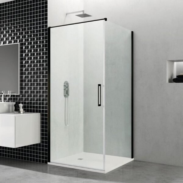 Mampara ducha angular OPEN puerta abatible + lateral fijo NEGRA