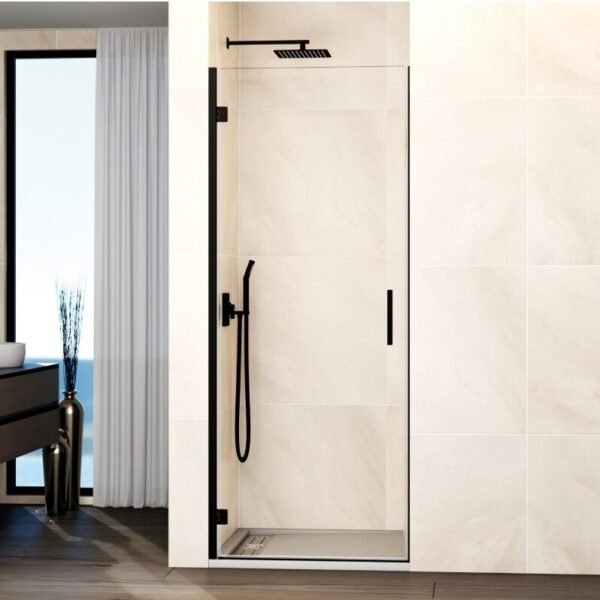Mampara ducha 1 puerta abatible GLASS bisagra a perfil negro