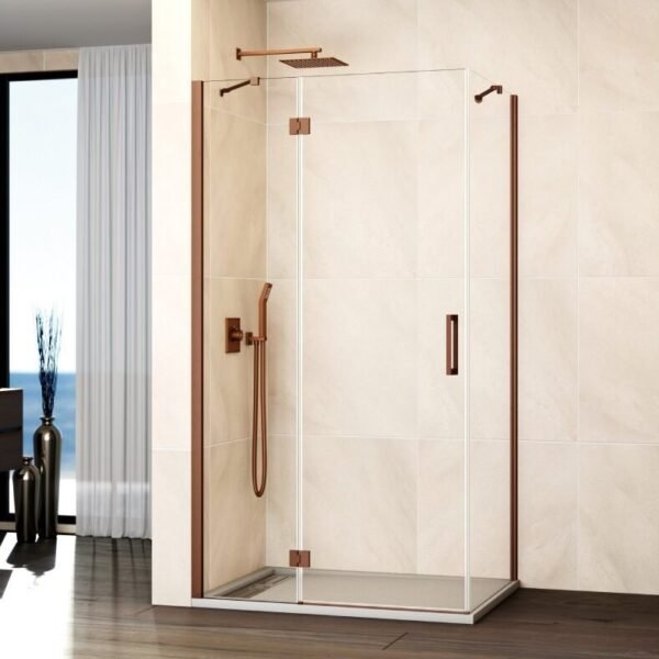 Mampara ducha Fijo + abatible con lateral fijo GLASS cierre imán a pared cobre
