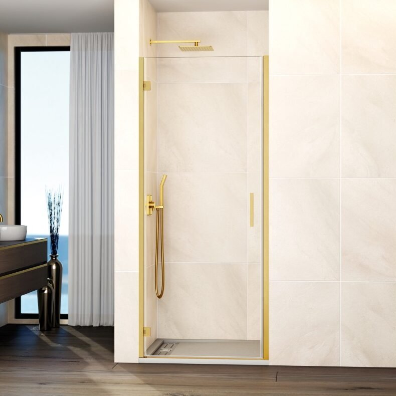 ORO-1-e1764692153825.jpg Mampara ducha 1 puerta abatible GLASS bisagra perfil con cierre perfil oro - Imagen 1
