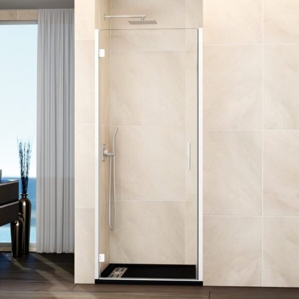 Mampara ducha 1 puerta abatible GLASS bisagra perfil con cierre perfil blanco