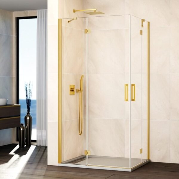 Mampara ducha fijo + 2 puertas abatibles + fijo GLASS oro