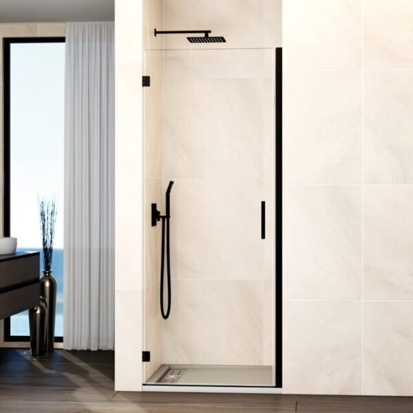 Mampara ducha 1 puerta abatible GLASS bisagra cierre perfil negro