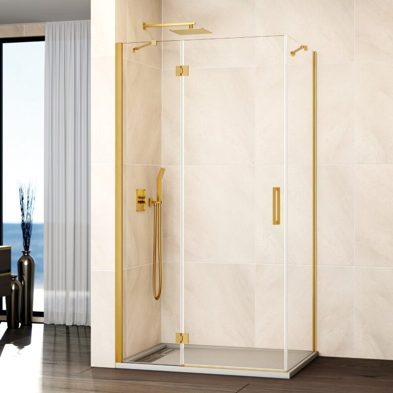 i-2-e1764925299544.jpg Mampara ducha Fijo + abatible con lateral fijo GLASS cierre imán a pared oro - Imagen 1