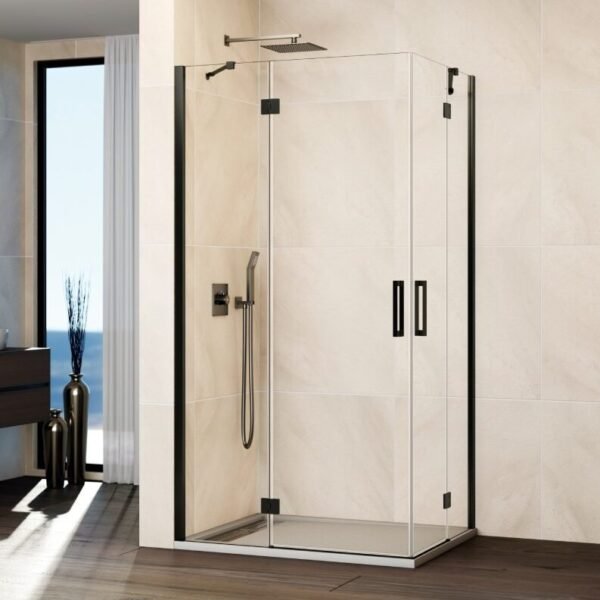 Mampara ducha fijo + 2 puertas abatibles + fijo GLASS titanio